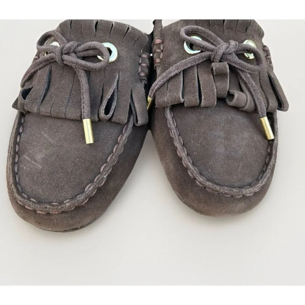 New Lands End Womens Size 8 Slip On Tassel Moccasin Brown Suede Loafers